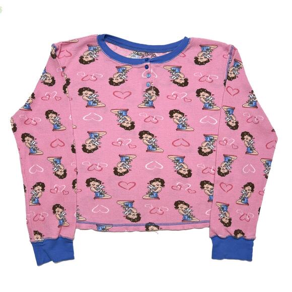 Betty Boop Y2K Pajama Top Waffle Knit Pink Long Sleeve Pudgy Heart Women's XL - Picture 1 of 11